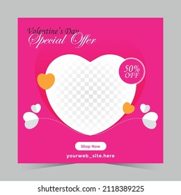 Valentine's Day Special Offer Social Media Template, Vector Illustration, Abstract Design, 50% Off
