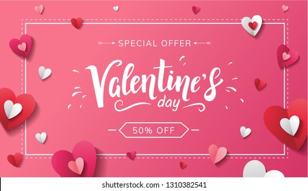 Valentine's Day special offer vector horizontal banner design with paper red pink and white hearts on pink background, with beautiful lettering in white frame with dashed line 