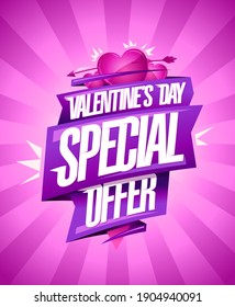 Valentine's day special offer vector poster template with ribbons and hearts