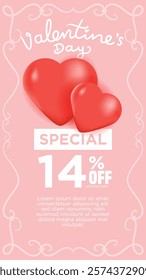 valentines day special promotion banner. discount 14 percent. abstract vibtage border with heart shape. vertical mobile screen size  template vector illustraion