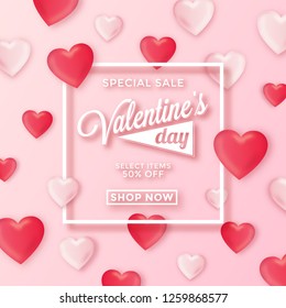 Valentines day special sale background - poster template for february 14th - Pink abstract background with white frame and heart ornaments