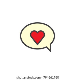 Valentines day speech bubble with red heart filled outline icon, line vector sign, linear colorful pictogram isolated on white. Love message symbol, logo illustration. Pixel perfect vector graphics
