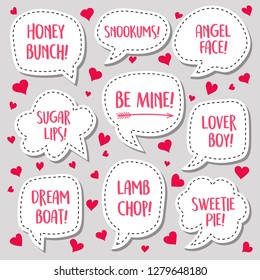 Valentines Day speech bubbles with cute names and phrases for stickers, scrapbooks, greeting cards, banners. Vector illustration.