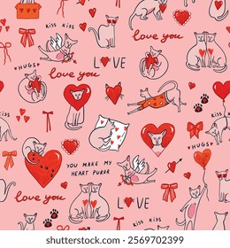 Valentine's day sphinx cats and hearts illustrations seamless pattern.