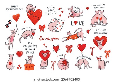 Valentine's day sphinx cats and hearts illustrations set.