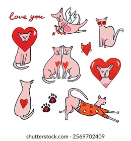 Valentine's day sphinx cats and hearts illustrations set.