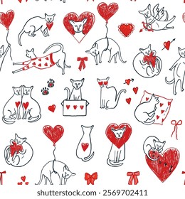 Valentine's day sphinx cats and hearts illustrations seamless pattern.