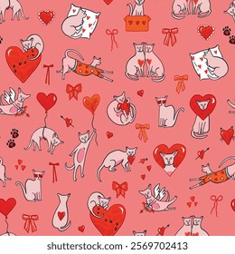 Valentine's day sphinx cats and hearts illustrations seamless pattern.