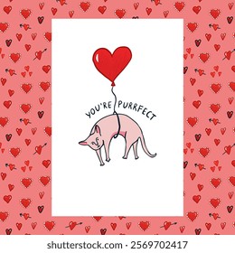 Valentine's day sphinx cats and hearts illustration poster.