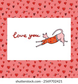 Valentine's day sphinx cats and hearts illustration poster.