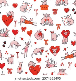 Valentine's day sphinx cats and hearts illustrations seamless pattern.