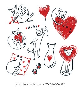 Valentine's day sphinx cats and hearts line illustrations set.