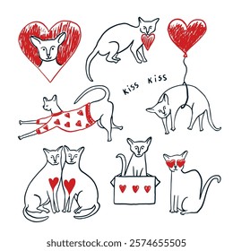 Valentine's day sphinx cats and hearts line illustrations set.