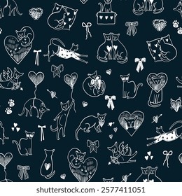 Valentine's day sphinx cats and hearts illustrations seamless line pattern.