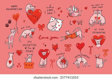 Valentine's day sphinx cats and hearts illustrations set.