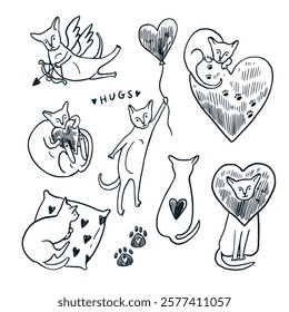 Valentine's day sphinx cats and hearts illustrations set.