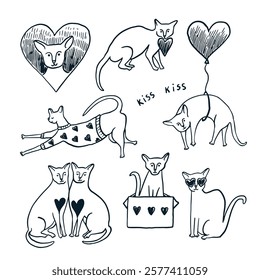 Valentine's day sphinx cats and hearts line illustrations set.