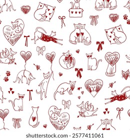 Valentine's day sphinx cats and hearts illustrations seamless line pattern.