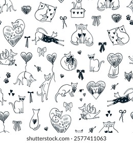 Valentine's day sphinx cats and hearts illustrations seamless line pattern.