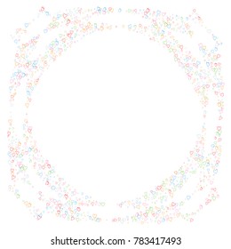 Valentines day splash frame or border of a random scatter hearts isolated on white. Love explosion.