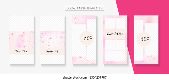 Valentines Day Spring Sale Vector Stories Layout. Special Offer New Arrivals, Discount Frames Kit. Rose Cherry Petals Falling Confetti. Stories Social Media Templates. St Valentines Day Spring Sale