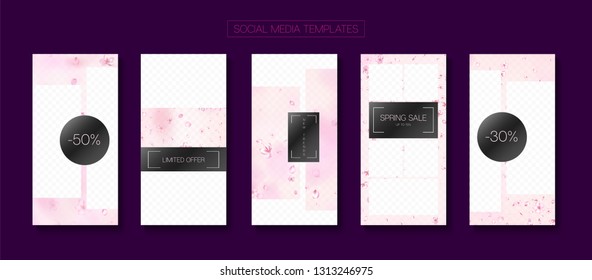 Valentines Day Spring Sale Vector Stories Layout. Limited Offer New Arrivals, Discount Covers Kit. Social Media Stories Templates. Rose Cherry Blossom Falling Confetti. St Valentines Day Spring Sale