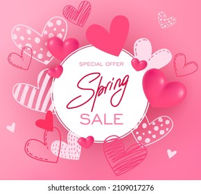 Valentine's day spring sale vector banner template with colorful hearts, and spring season discount promotional text in white frame.