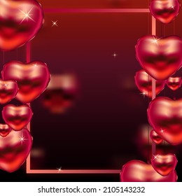 Valentine's day square background with balloons and heart-shaped frame. Trendy red festive banner. Stock vector illustration.