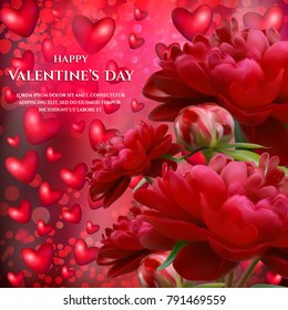 Valentine's day square background. Vector love illustration with 3d red hearts, confetti and flowers of peony. Romantic floral sale banner, special offers, discounts or greeting card.