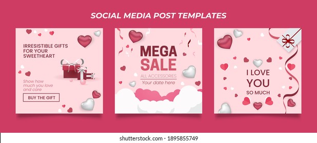 Valentine's day square banner seasonal offer templates. Lovely heart shapes and clouds. confetti, gift boxes. Promo web banner.