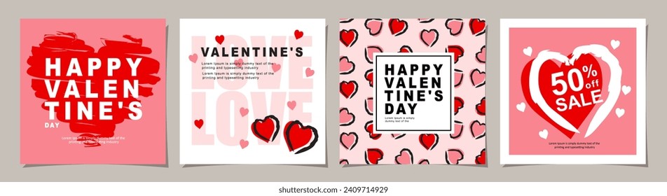 Valentines Day square banner for social media posts, mobile apps, banners, digital marketing, sales promotion and website ads. Vector backgrounds, geometric style with hearts pattern.