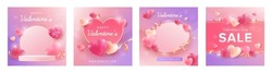 Valentine's Day Square Banner Templates. Vector Illustration With Hearts And Pastel Background. Suitable For Social Media Post And Web Internet Ads.