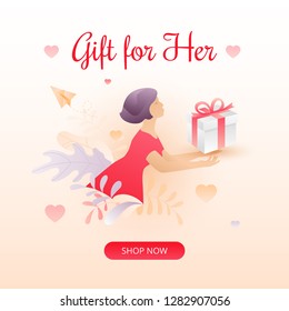 Valentine's day square beige sale promotion banner with Gift for Her words, young woman with a gift box and call-to-action button. Nicely 
organized vector EPS10.