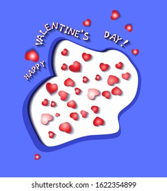 Valentine's day square blue bright postcard. A lot of hearts and flowers.  Greeting card, invitation or banner template. Vector illustration