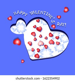 Valentine's day square blue bright postcard. A lot of hearts and flowers.  Greeting card, invitation or banner template. Vector illustration