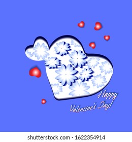 Valentine's day square blue bright postcard. A lot of hearts and flowers.  Greeting card, invitation or banner template. Vector illustration