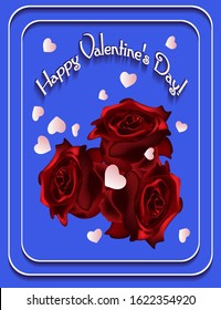 Valentine's day square blue bright postcard. A lot of hearts and flowers.  Greeting card, invitation or banner template. Vector illustration. Scarlet realistic roses