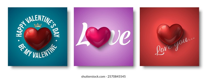 Valentines Day square bright social network post template set. Glamour vector glossy red 3d heart with Happy Valentines Day, Be My Valentine, Love You lettering on blue, violet pink, red background