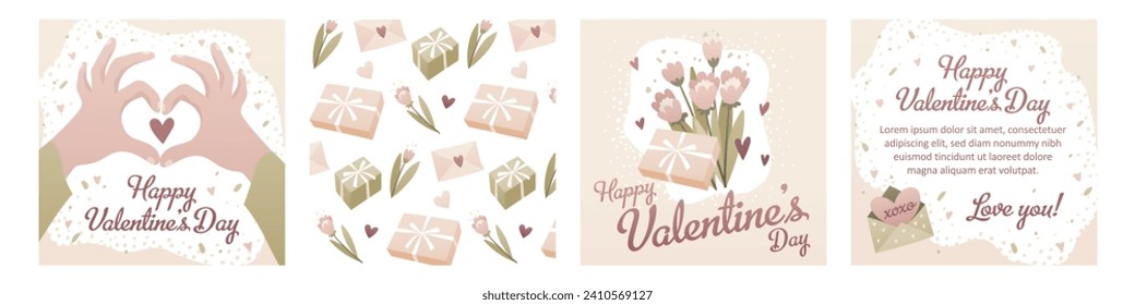 Valentine's Day square card designs. Romantic love elements and pattern. Concept for social banners. Tender vector illustrations with space for text.