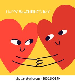 Valentine's day square card. Two loving hearts look into each other's eyes and hold hands. Vector stock illustration close-up on a yellow background.