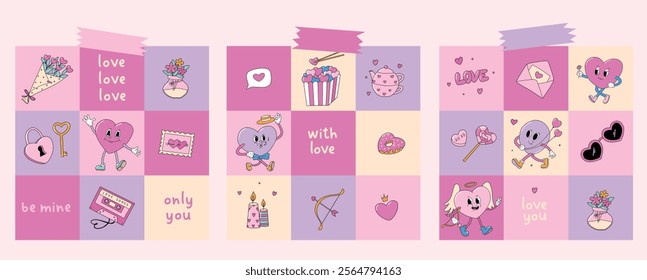 Valentine's day square cards collection with doodles and quotes. Good for posters, banners, signs, invitations, prints, etc. EPS 10