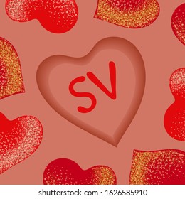 Valentine's day square frame with the SV on the spot for text, with a heart in the center. Wedding card with symbols of love, background for scrapbooking. Vector stock illustration, Valentine's card.