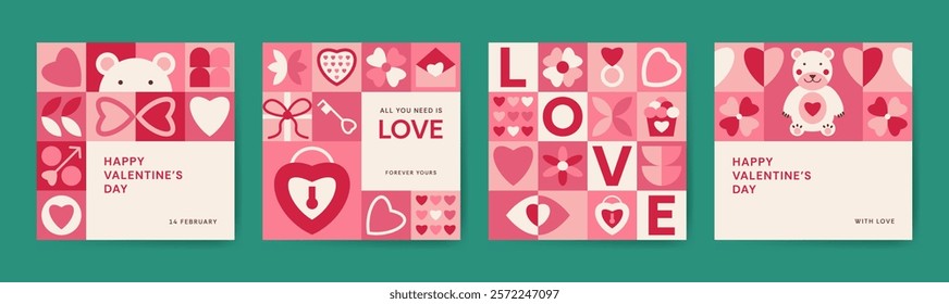 Valentine's Day Square geometric Poster template. Set of declaration of love cards with simple bear, letter gift eye glass ring cup in flat style. Trendy romantic post, banner cover.