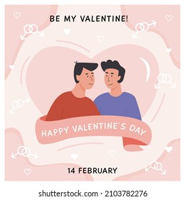 Valentines day square greeting card template for social media. Gay couple. Portrait of cute young couple. Homosexual romantic partners. Vector flat style illustration.