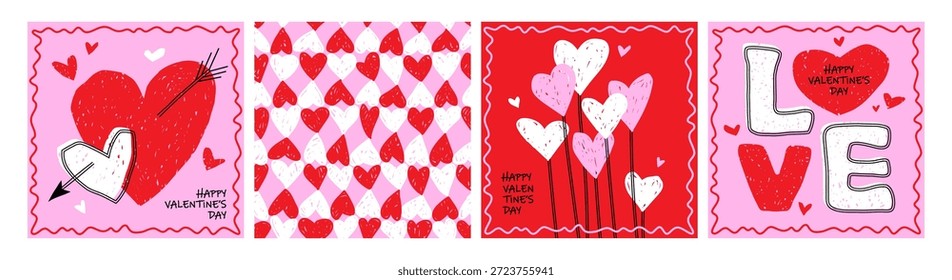 Día de San Valentín cuadrado dibujado a mano doodle tarjetas de felicitación conjunto. Amor y romance de diseño conceptual.