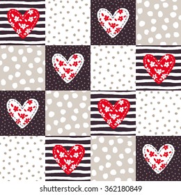 Valentines day square patchwork background with hearts. Vector seamless pattern in the rustic style. Beige, brown, red and white colors.
