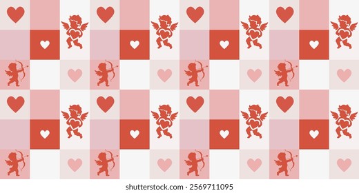 Valentine's Day square pattern with cherubs and hearts. Pink red and white light color. Love romantic background.