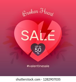 Valentine's day square red sale promotion banner with broken heart, SALE world, up to 50% words and #valentinesale hashtag. Nicely organized vector EPS10. 