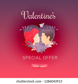 Valentine's day square red sale promotion banner with Valentine's Special Offer words, kissing couple profiles and call-to-action button. Nicely organized vector EPS10.