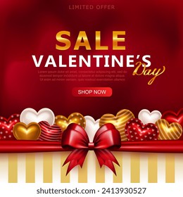 Valentine's Day square SALE banner with 3d colorful sweet heart candies and realistic wrapping red silk bow on blurred background. Romantic promo greeting card with hearts, gift box and discount info